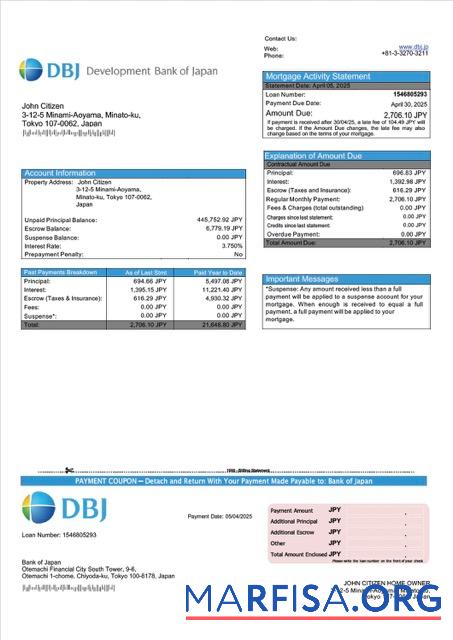 Blank Japan Development Bank of Japan (DBJ) mortgage statement Word and PDF template